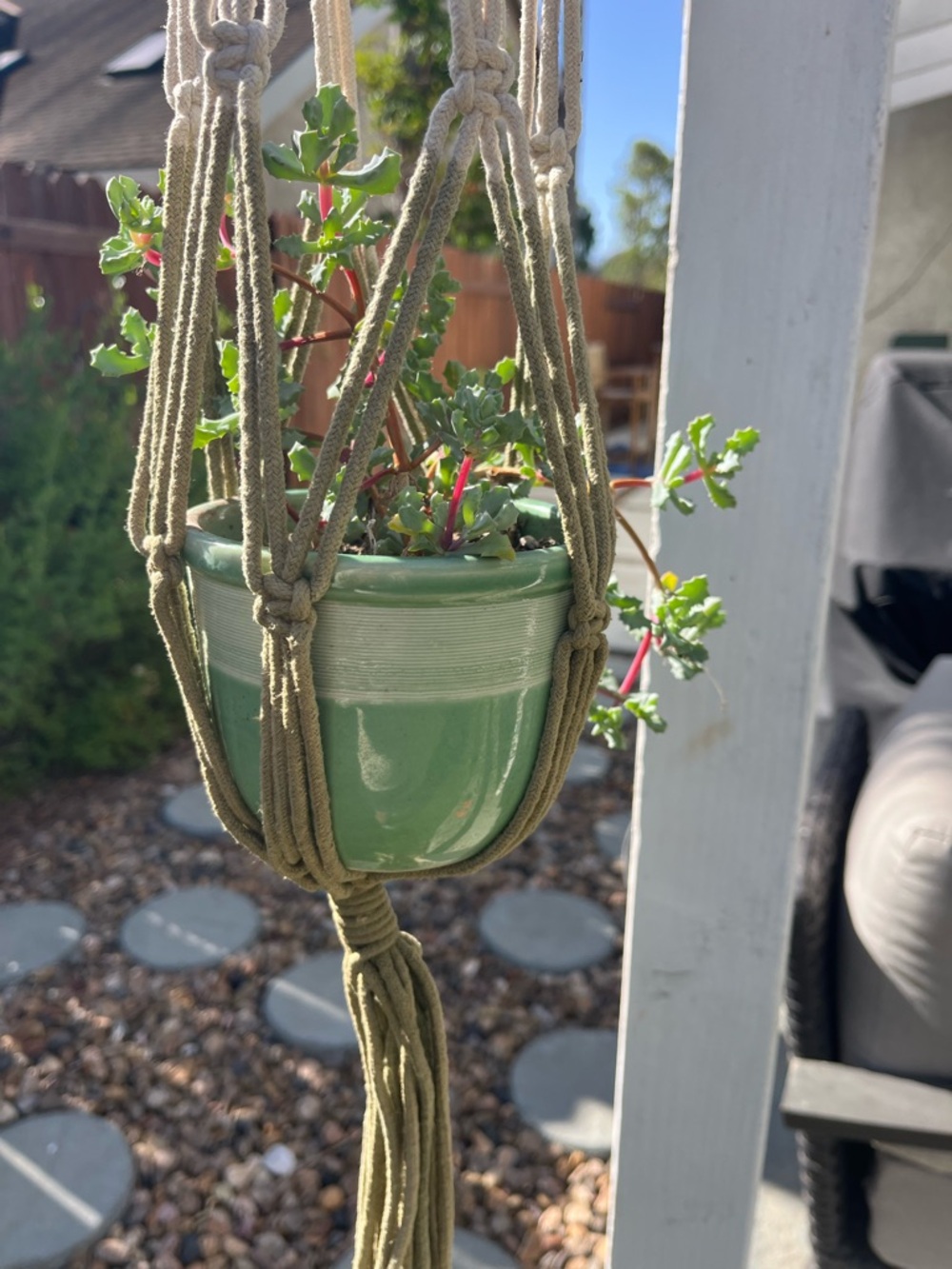 White and Green Macrame Hanging Planter